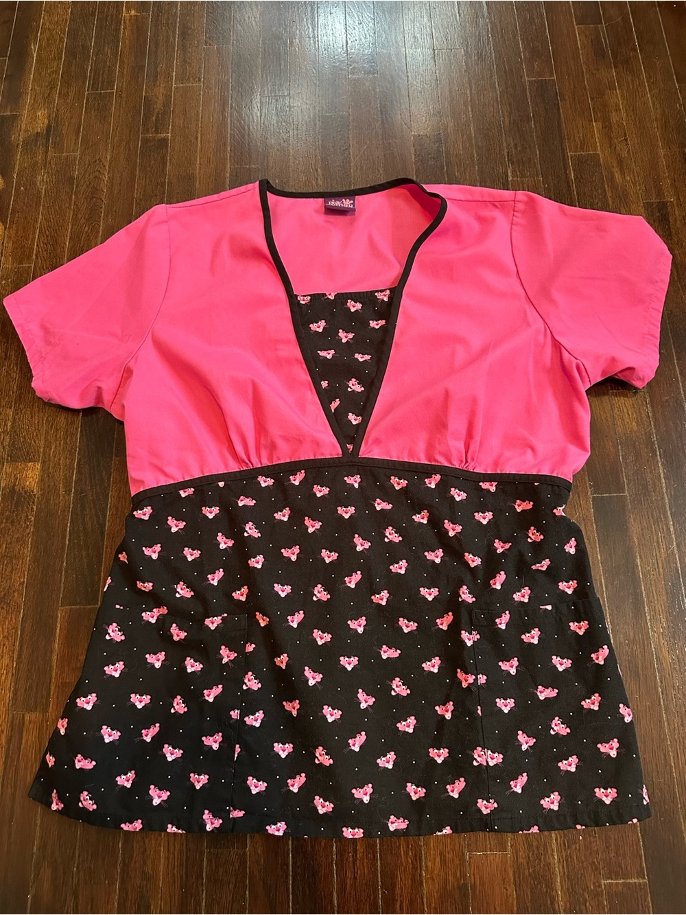 Pink Panther Scrub Top Women's Pink Black Character Print Mock Wrap